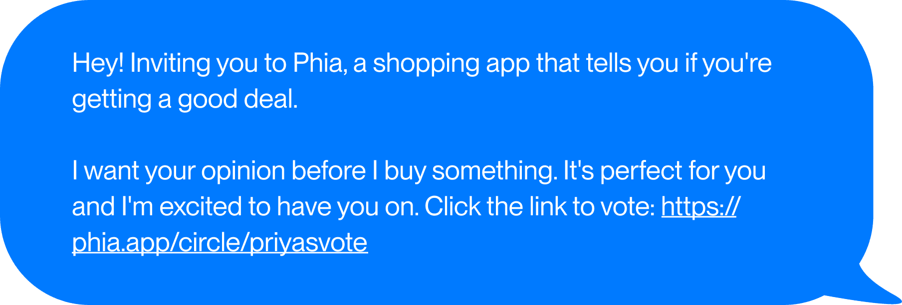 Text invite: Inviting you to Phia, a shopping app that tells you if you're getting a good deal.